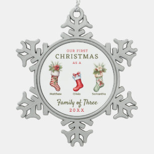 Familie van drie eerste Kerstmis Tin Sneeuwvlok Ornament