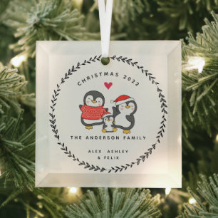 Familie van drie kerstpinguïn glas ornament