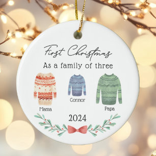 Familie van Drie Kersttruien Boy Baby Foto Keramisch Ornament