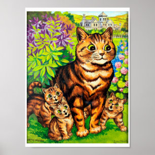 Familie van katten in een tuin, Louis Wain Poster