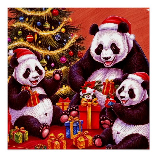 Familie van panda's opent kerstcadeaus perfect poster (Voorkant)