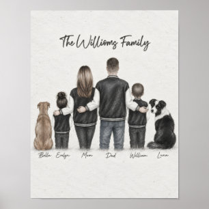 Familie van Vier en Twee Honden Grafiet Portret Po Poster