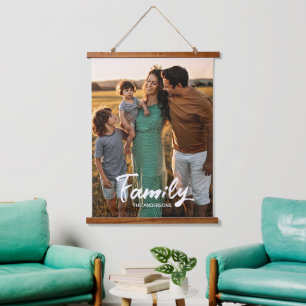 Familie White Script Foto-overlay Monogram Hangend Wandkleed
