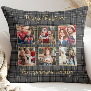 Familie Winter Plaid Grijs Goud Custom Photo Colla Kussen