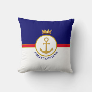 Familieanker & kroonkroon op Navy Blue & White Kussen