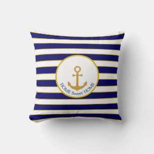 Familieanker op marineblauw en wit gestreept kussen