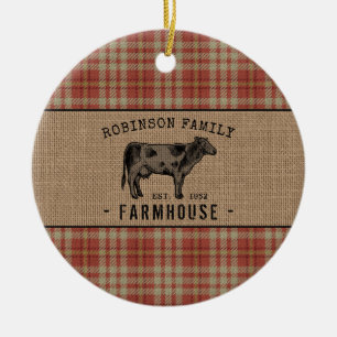 Familieboerderij Rustische Kow Red Pset Burlap Keramisch Ornament
