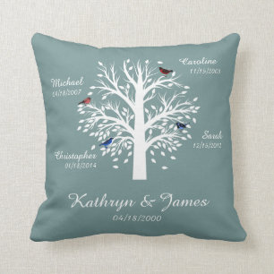 Familieboom, witte boom op Blauw met Namen & Data Kussen