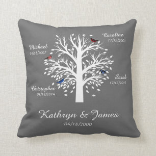 Familieboom, witte boom op grijs met namen en data kussen