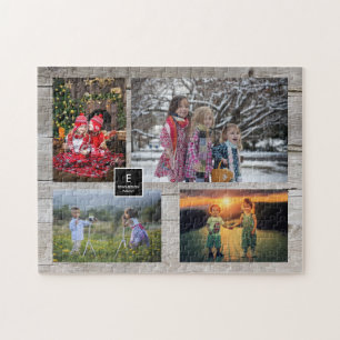 Familiecollage 4 foto's op een monogram van hout u legpuzzel