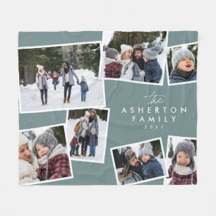 Familiecollage 7 foto gepersonaliseerd modern blau fleece deken