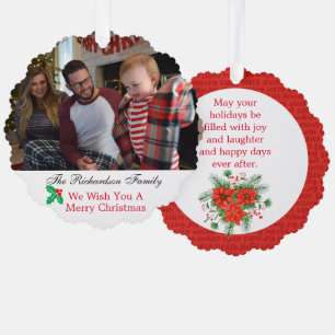 Familiefoto Aangepaste Naam Kerstmis Rood & Groen Ornament Kaart