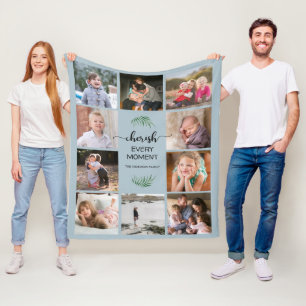 Familiefoto Collage Cherish each Moment Blue Fleece Deken