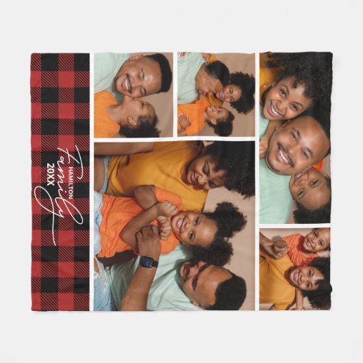 Familiefoto Collage Red Buffalo Plaid Fleece Deken (Voorkant (Horizontaal))