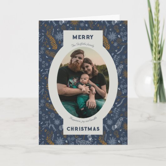 Familiefoto in blauwe bloemendoodle feestdagen kaart (Voorkant)