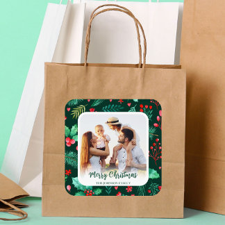 Familiefoto Kerst Waterverf Botanicals Vierkante Sticker