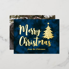 Familiefoto Merry kerstboom Blue Gold Folie Feestdagen Briefkaart