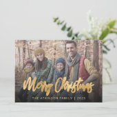 Familiefoto Merry kerstscript beige Feestdagenkaart (Staand voorkant)