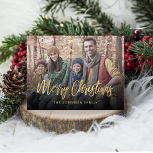 Familiefoto Prettig Kerstmis Gouden Schrift Beige Feestdagenkaart