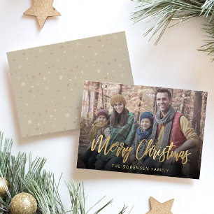 Familiefoto Prettig Kerstmis Gouden Schrift Beige Feestdagenkaart