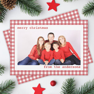 Familiefoto Rode en Witte Geruite Kerstkaart Merry