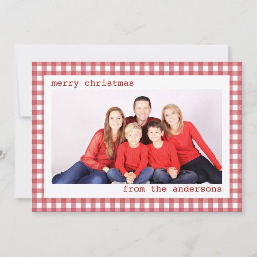 Familiefoto Rood en Wit Gingham Vrolijk kerstfeest Feestdagenkaart (Voorkant)