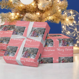 Familiefoto Roze Prettig Kerstman Script  Cadeaupapier