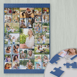 Familiefotocollage 31 foto's blauw legpuzzel