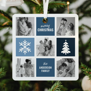 Familiefotocollage Blauw Kerstmis Metalen Ornament