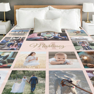 Familiefotocollage Blush Roze & Goud Monogram Fleece Deken