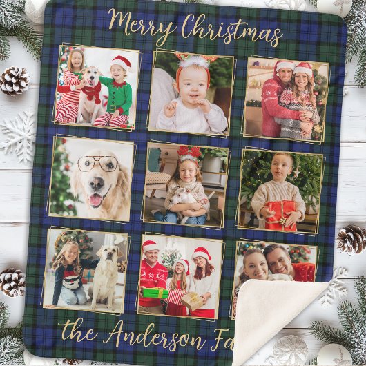 Familiefotocollage Custom Modern Holiday Plaid Sherpa Deken