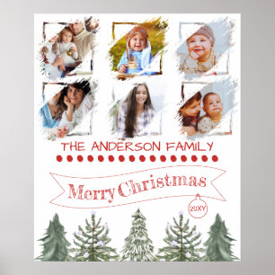 Familiefotocollage Dennenbomen Vintage Kerstmis Poster
