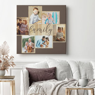 Familiefotocollage houtnerf lijst bruine canvas afdruk