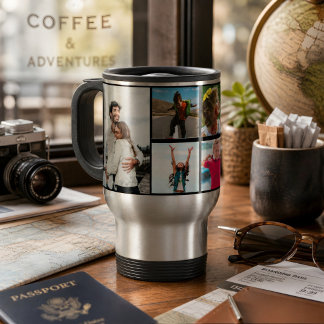Familiefotocollage met 6 foto's en aangepaste teks reisbeker