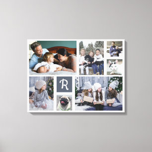 Familiefotocollage met monogram 7 foto's wit canvas afdruk