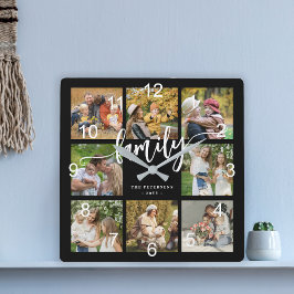 Familiefotocollage modern script zwart vierkante klok