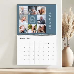 Familiefotocollage Monogram Wapenschild Blauw 2027 Kalender