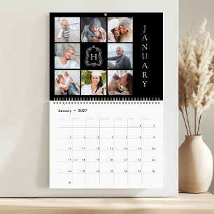 Familiefotocollage Monogram Wapenschild Zwart 2027 Kalender