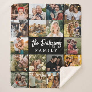 Familienaam 18 Foto Collage Modern Elegant Zwart Sherpa Deken