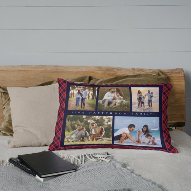 Familienaam 5 Foto Collage Red Pset Modern Accent Kussen (Creator heeft geüpload)