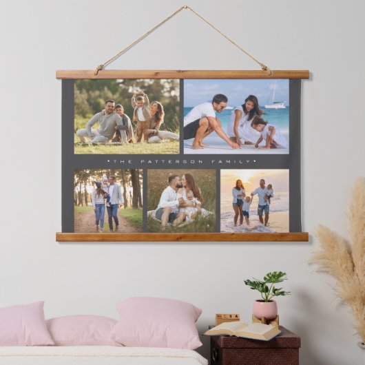Familienaam 5 Foto Collage Simple Modern Hangend Wandkleed (Slaapkamer)