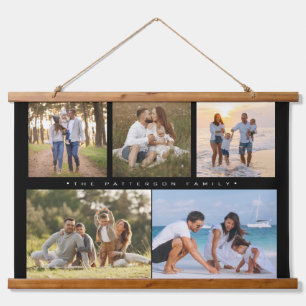 Familienaam 5 Foto Collage Simple Modern Hangend Wandkleed