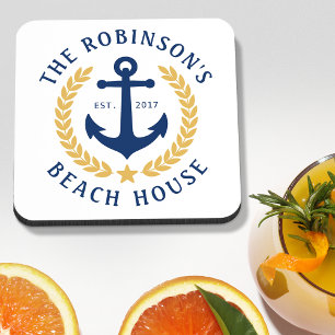 Familienaam Beach House Anchor Gold Laurel White Bier Onderzetter