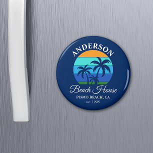 Familienaam Beach House Sun Palm Trees Blauw Magneet