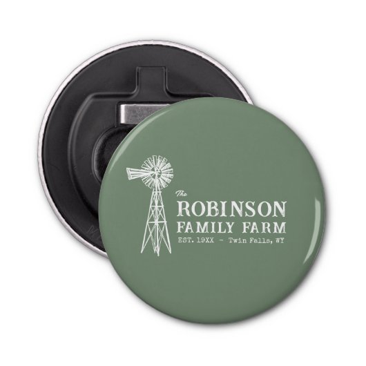 Familienaam Boerderij Rustic Windmill Sage Green Button Flesopener (Voorkant)