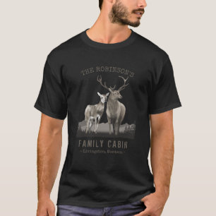 Familienaam Cabin Deer Pine Tree Forest Black T-shirt