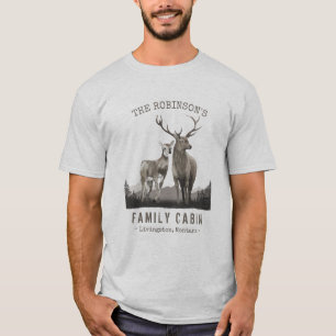 Familienaam Cabin Deer Pine Tree Forest Light Grey T-shirt