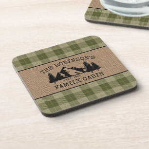 Familienaam Cabin Trees Sage Green Play Burlap Bier Onderzetter