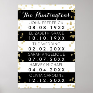 Familienaam & Data Black Stripes & Gold Confetti Poster
