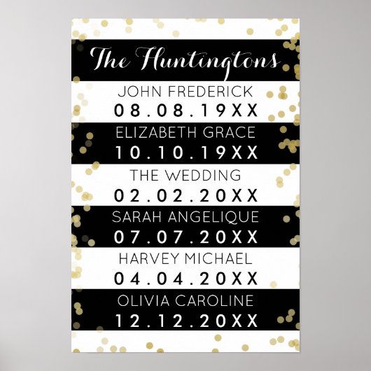 Familienaam & Data Black Stripes & Gold Confetti Poster (Voorkant)